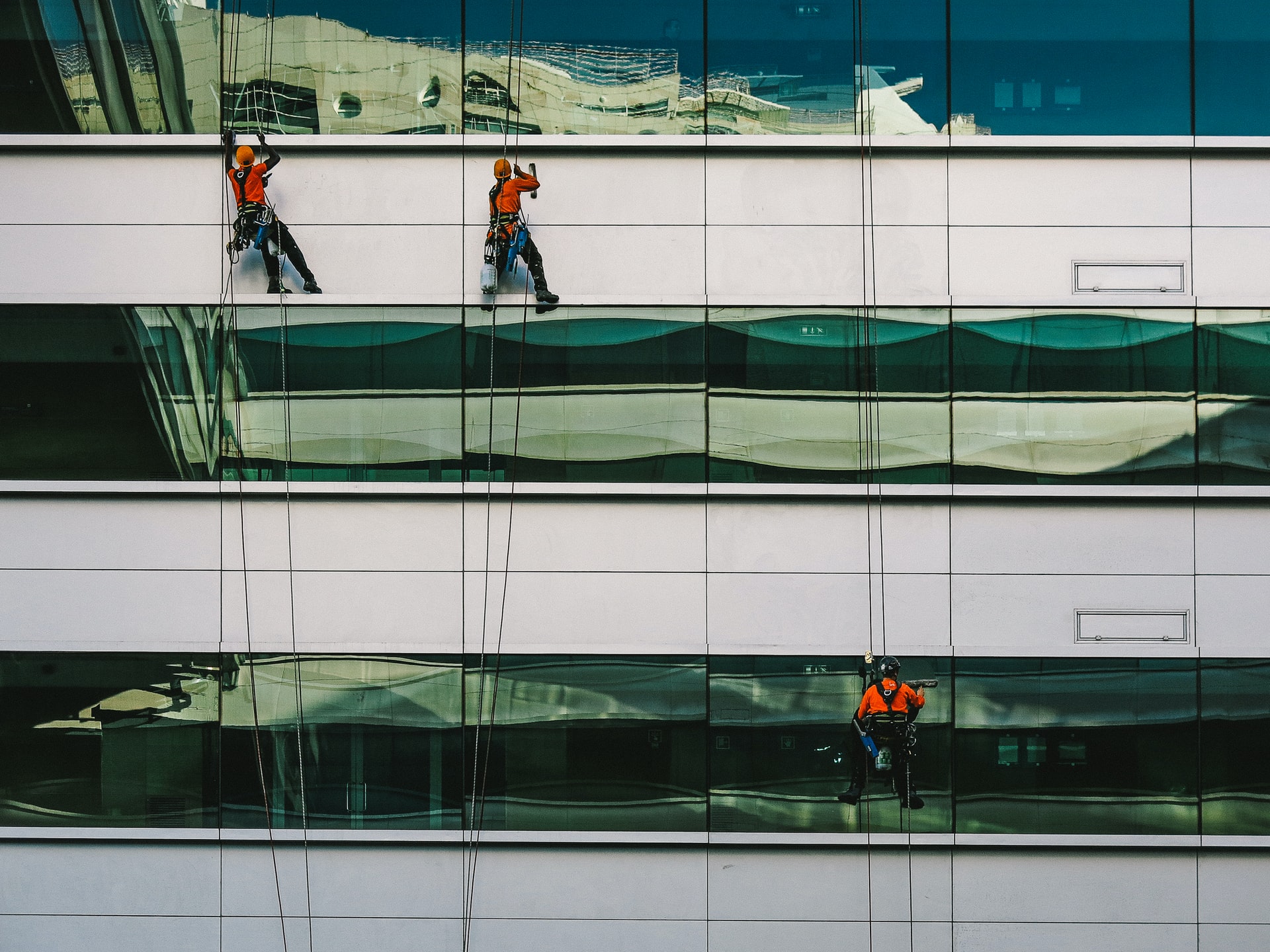 Two workers in orange gear on a glass building facade, suspended on ropes and cleaning windows.